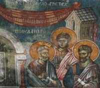 Апостолы от 70-ти Аристарх, Пуд и Трофим. Фреска. Дечани. Косово. Сербия. Около 1350г.