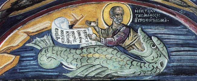 Извержение Пророка Ионы из чрева кита. Фреска. Афон (Дионисиат). 1547 г.